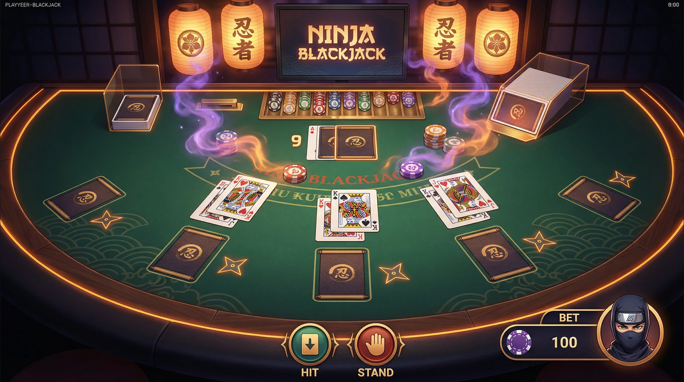 Mesa de blackjack estilo ninja con cartas y fichas