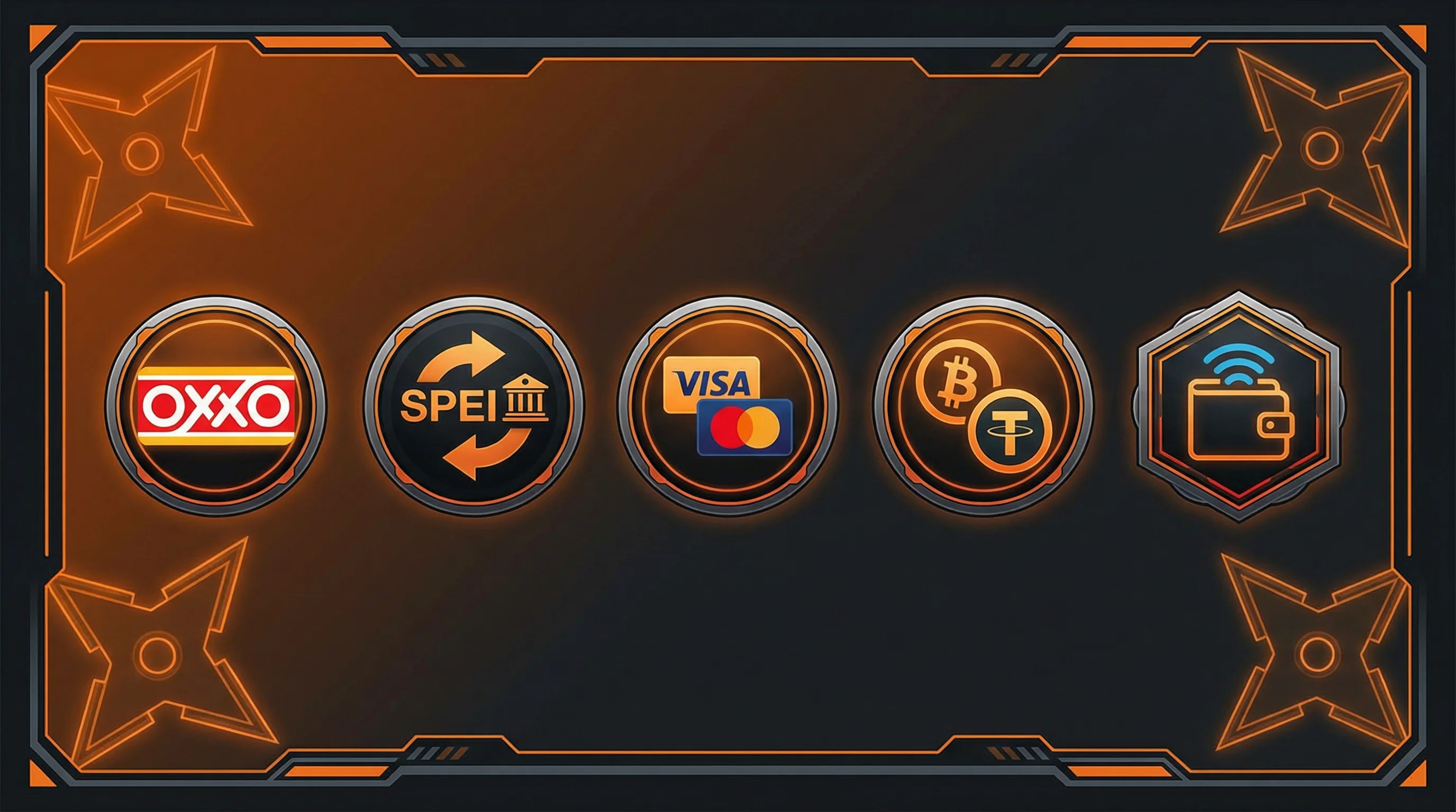 Métodos de pago disponibles: OXXO, SPEI, Visa, Mastercard, Bitcoin, USDT y monederos electrónicos